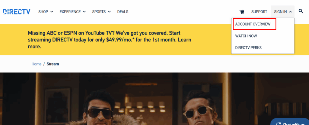 The DIRECTV website with the Sign In menu open and Account Overview highlighted