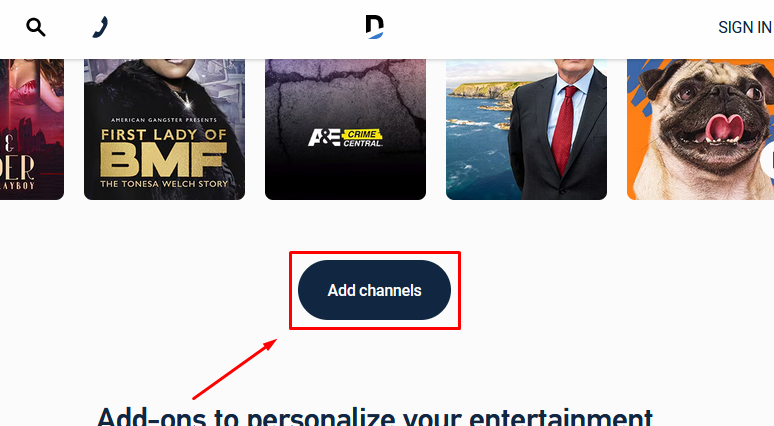The DIRECTV add-ons page with the Add channels button highlighted