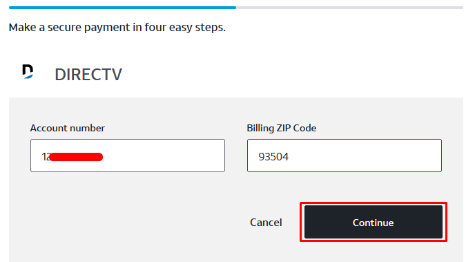 The DIRECTV payment form asking for an account number and billing ZIP code