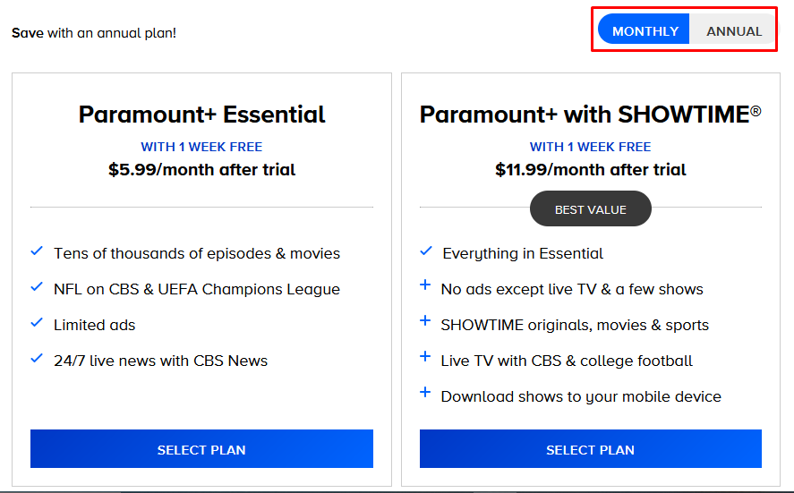 An older Paramount+ plan page with Essential and Paramount+ with SHOWTIME side by side