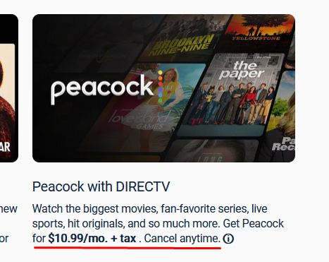 The Peacock with DIRECTV offer on the add-ons page showing $10.99 a month plus tax