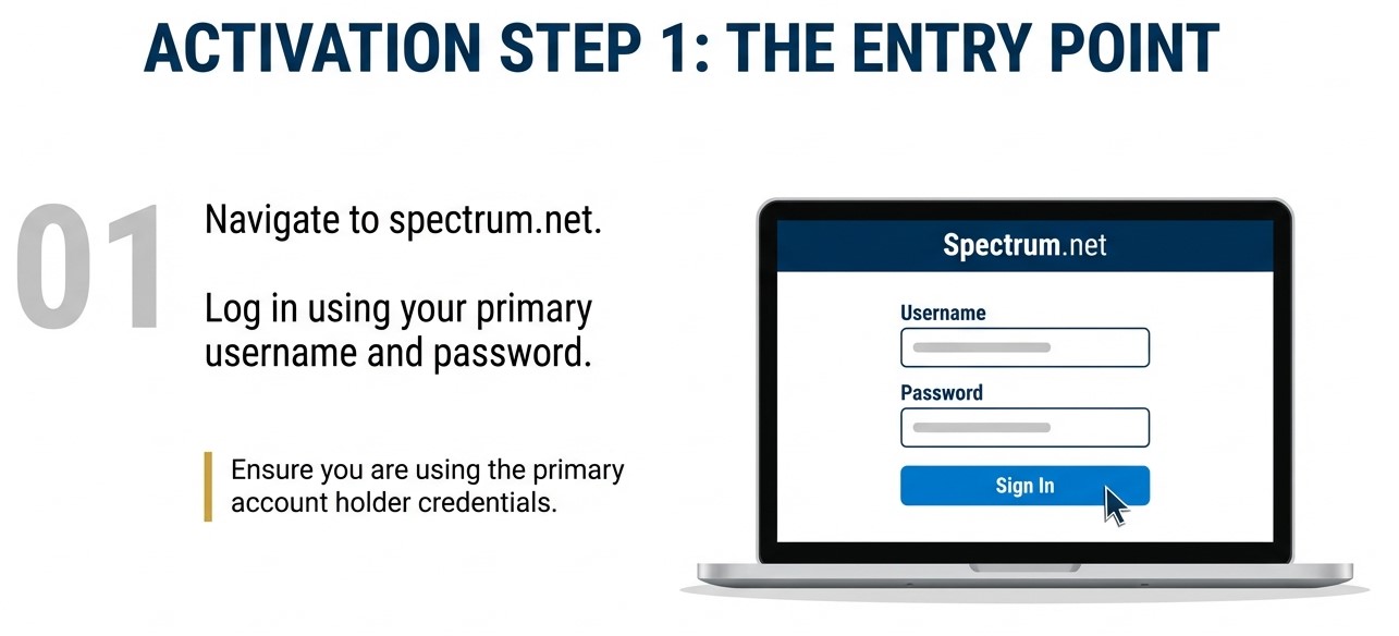 Diagram of activation step 1: go to spectrum.net and log in with the primary account username and password.