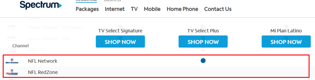 Spectrum channel lineup grid from before the September 2026 rename, with NFL Network marked under TV Select Plus and NFL RedZone left unmarked.