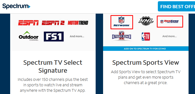 Older Spectrum web page showing the Sports View add-on card with NFL Network and NFL RedZone logos, priced at $7 a month at the time.