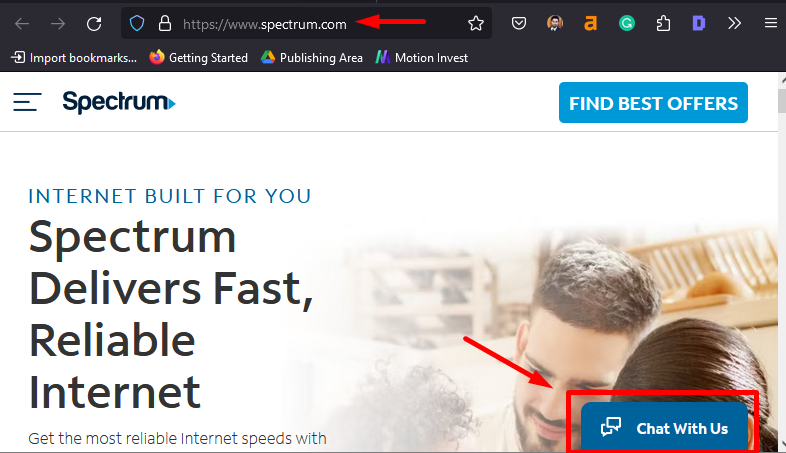 The Spectrum home page with the Chat With Us button marked in the bottom right corner