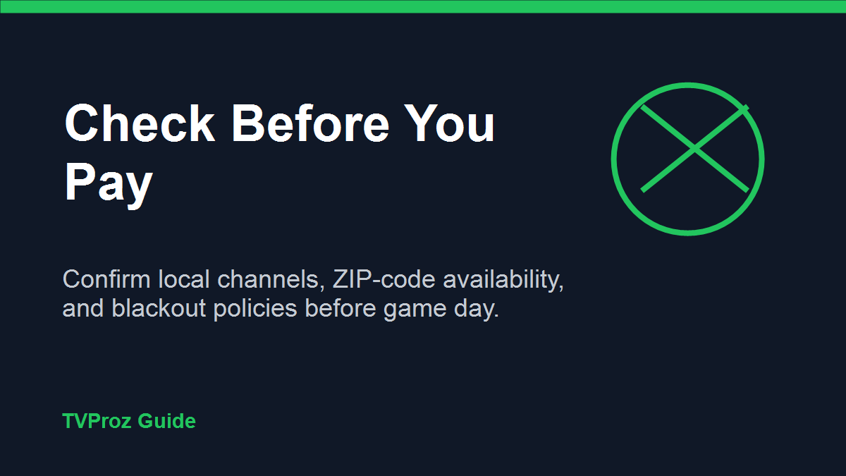 TVProz checklist graphic reminding sports fans to check blackout policies before paying